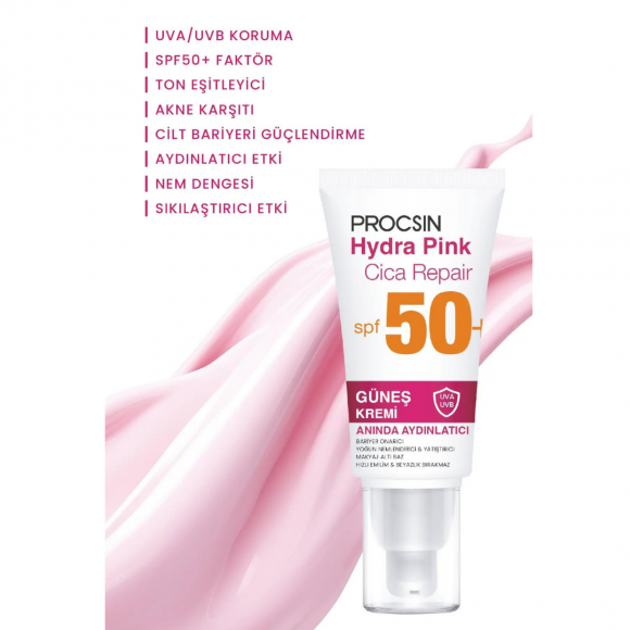 PROCSIN Hydra Pink (PEMBE) Spf50+ Bariyer Güçlendirici Cam Cilt Güneş Kremi PA++++